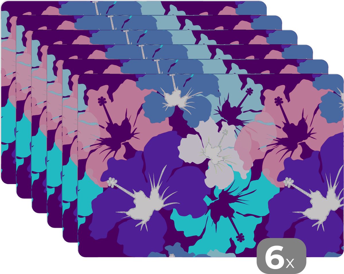 Placemat - Placemats kunststof - Tropisch - Bloemen - Hawaii - Patroon - 45x30 cm - 6 stuks - Hittebestendig - Anti-Slip - Onderlegger - Afneembaar