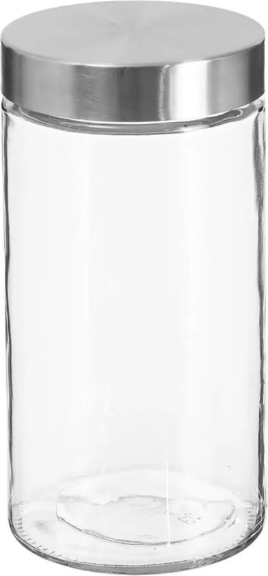 Bocal de stockage en verre avec couvercle en acier inoxydable.
