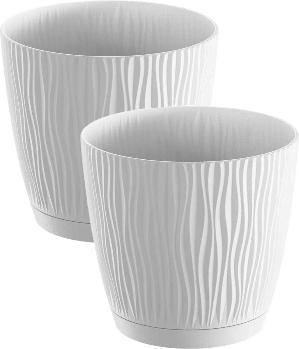 Prosperplast Plantenpot/bloempot Waves - 2x stuks - kunststof - wit - D13 x H12 cm - binnen/buiten - met opvangschaal