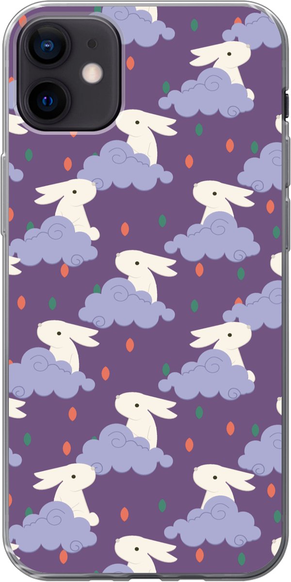 Telefoonhoesje Geschikt voor iPhone 12 mini hoesje - Patronen - Konijn - Lucht - Paars - Meisjes - Kinderen - Kids - Siliconen Telefoonhoesje Telefoonhoesje