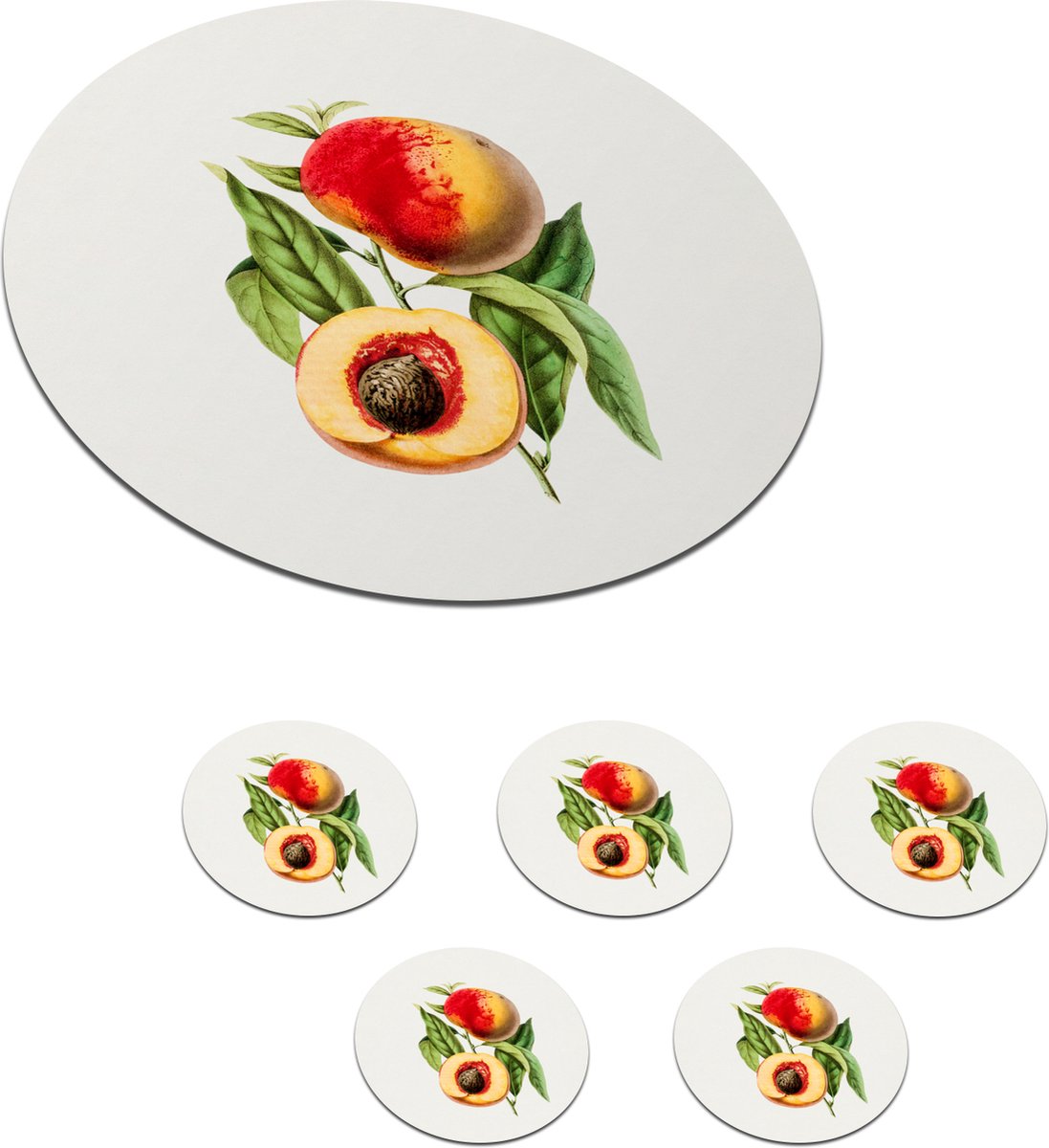 Onderzetters voor glazen - Rond - Perzik - Fruit - Bladeren - 10x10 cm - Glasonderzetters - 6 stuks