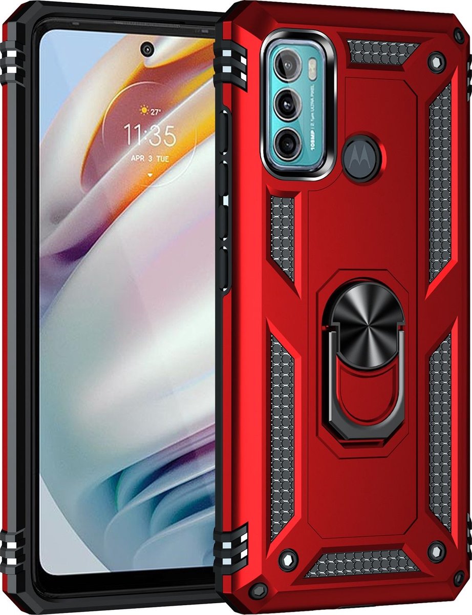 Mobigear Hoesje geschikt voor Motorola Moto G60 Telefoonhoesje Hardcase | Mobigear Armor Ring Backcover Shockproof met Ringhouder | Schokbestendig Moto G60 Telefoonhoesje | Anti Shock Proof - Rood