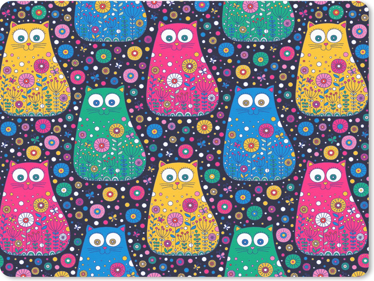 Muismat Groot - Kat - Regenboog - Bloemen - 40x30 cm - Mousepad - Muismat