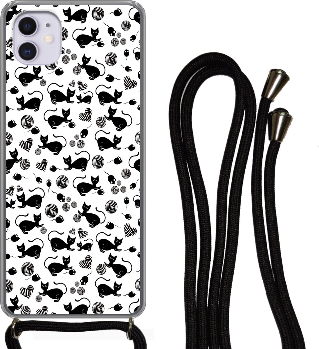 Telefoonhoesje Geschikt voor iPhone 11 - Meisje - Kat - Muis - Patronen - Girl - Kids - Kinderen - Meiden - Siliconen - Crossbody - Backcover met Koord - Telefoonhoesje met koord - Hoesje met touw Telefoonhoesje
