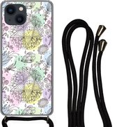 Hoesje met koord Geschikt voor iPhone 13 - Meiden - Bloemen - Sterretjes - Patronen - Girl - Kids - Kinderen - Siliconen - Crossbody - Backcover met Koord - Telefoonhoesje met koord - Hoesje met touw