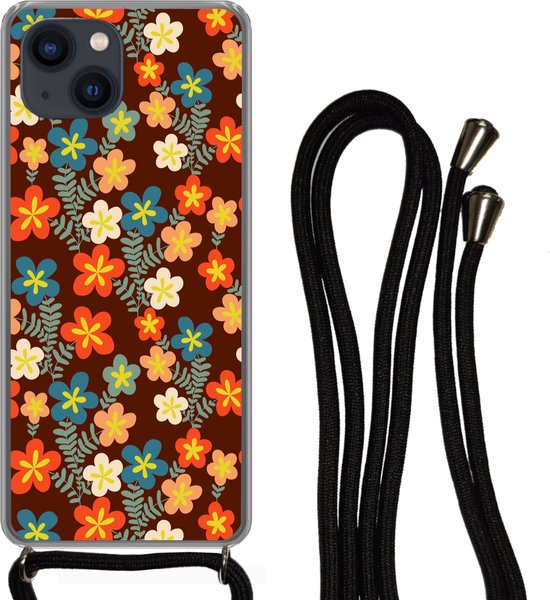 Coque avec cordon iPhone 13 Mini - Rétro - Motifs - Fleurs - Années 70 - Siliconen - Bandoulière - Coque arrière avec cordon - Coque pour téléphone avec cordon - Coque avec corde