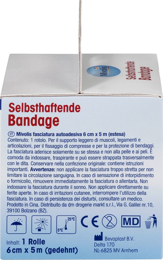 Verpakking van Mivolis zelfklevende bandage, 6cm x 5m (uitgerekt), 1 rol, met medische symbolen.