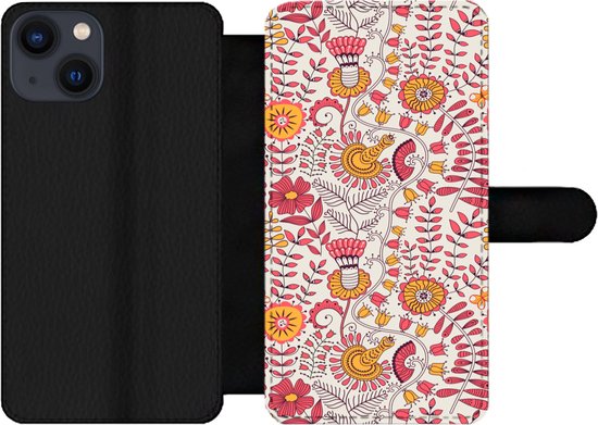 Bookcase pour téléphone iPhone 13 Bookcase - Fleurs - Design - Rose - Oranje - Avec compartiments - Étui portefeuille avec fermeture magnétique