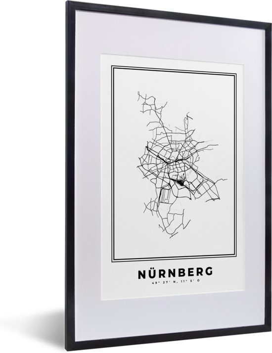 Fotolijst incl. Poster Zwart Wit- Stadskaart – Zwart Wit - Kaart – Nürnberg – Duitsland – Plattegrond - 40x60 cm - Posterlijst