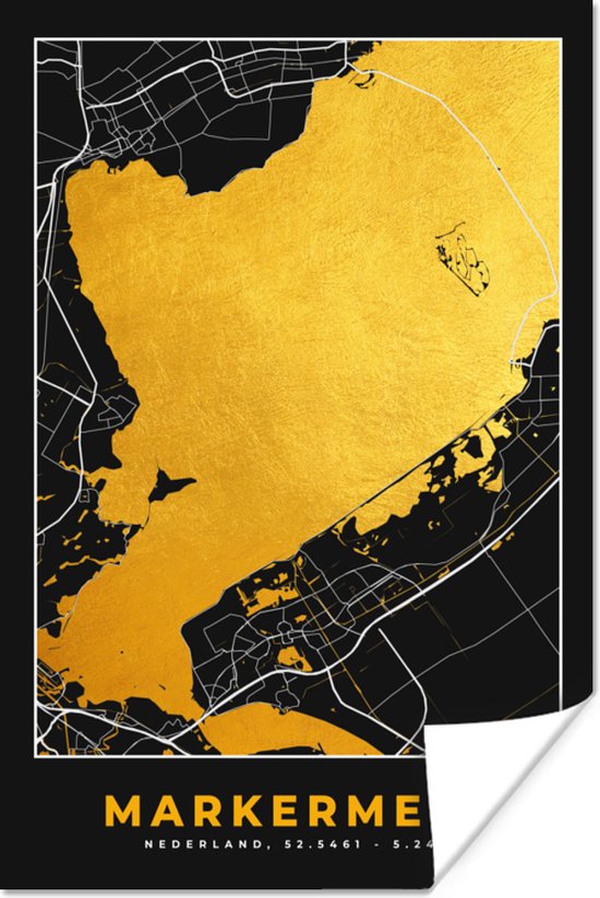 Poster Kaart - Plattegrond - Markermeer - Stadskaart - Goud - 120x180 cm XXL