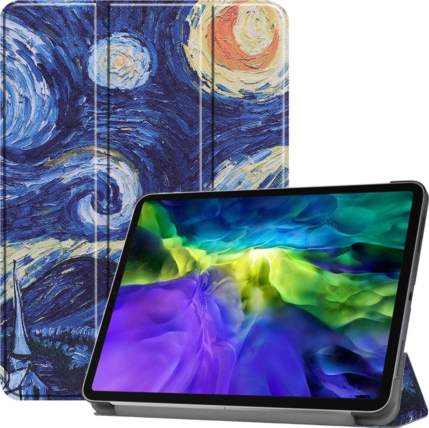 Mobigear Tablethoes geschikt voor Apple iPad Pro 11 Inch (2018) Hoes | Mobigear Tri-Fold Bookcase - The Starry Night | Blauw