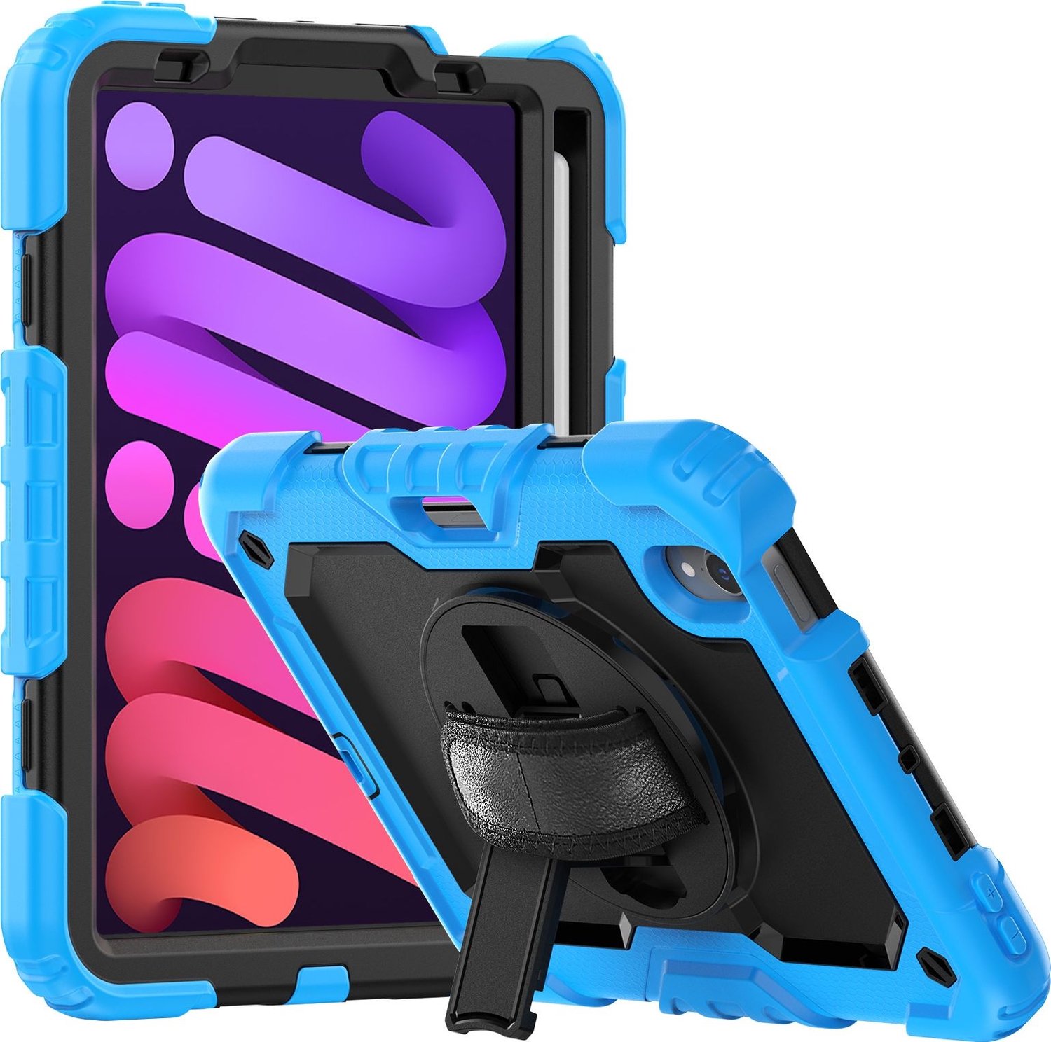 Mobigear SureGrip Xtreme - Tablethoes geschikt voor Apple iPad Mini 6 (2021) Hardcase Backcover + Stylus Houder + Schouderband + Standaard - Zwart / Blauw