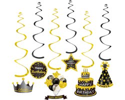 Q2Party - Happy Birthday Swirl - Goud/Zwart - Slinger - Versiering - Verjaardag - decoratie - Feest - Hangdecoratie – 6 stuks