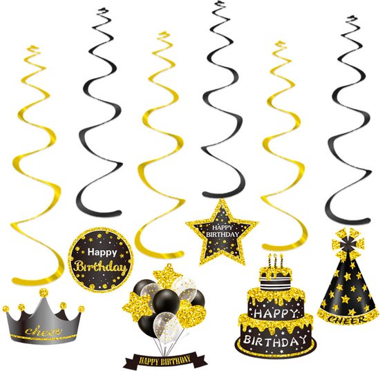 Q2Party - Happy Birthday Swirl - Goud/Zwart - Slinger - Versiering - Verjaardag - decoratie - Feest - Hangdecoratie – 6 stuks