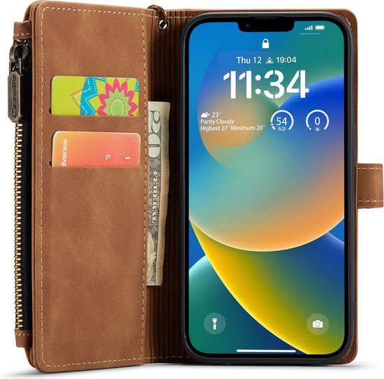 Bruin portemonnee hoesje voor iPhone met ritsvak, kaarthouders en geldvak. Telefoon zichtbaar.