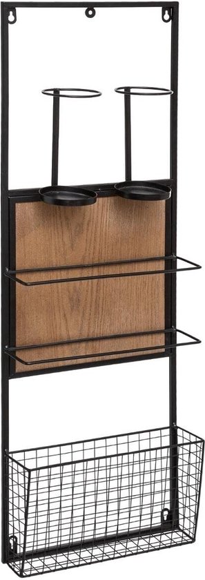 Industrieel Wijnrek Muur - Wijnrek Metaal - Wijnrek Hout - Staal - Stapelbaar - Wijnrek Hangend - Wijnrek Wand Wandmontage - Wijnrek muur 4 flessen & mandje - 29 cm x 9.5 cm x 90 cm