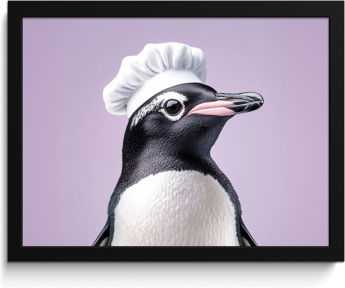 FrameYourWall Fotolijst inclusief poster - Posterlijst 40x30 cm - Posters - Pinguïn - Koksmuts - Lief - Paars - Foto in lijst - Keuken decoratie muur - Wanddecoratie accessoires - Muurdecoratie - Schilderijen Koksmuts - Pinguïn