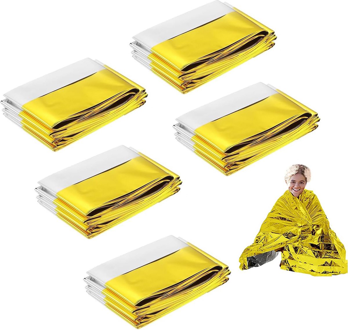 Goedkoopste 5 Stuks - Waterdichte overlevingsdeken - Nooddeken - 210x160cm - Isolatiedeken - Folie Deken Geïsoleerde Survival Dekens - Zilver/Goud - Extra groot - Survival Slaapzak - Noodtent - Hiken