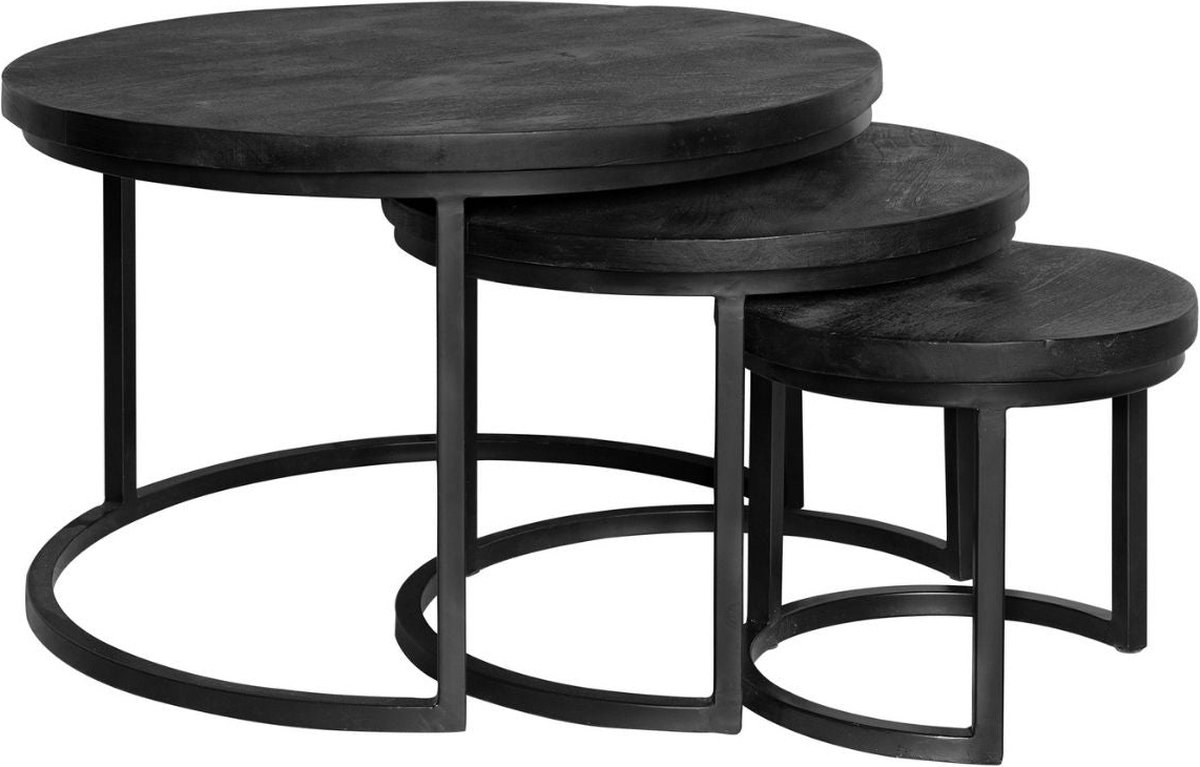 Salontafelset Rond set van 3 - Mangohout Zwart - Bijzettafels Set van 3 - Salontafel Zwart Rond - Bijzettafeltjes Woonkamer - Salon Tafel Mangohout Rond - Salontafel industrieel Landelijk - Tafeltje Set 3 stuks Zwart