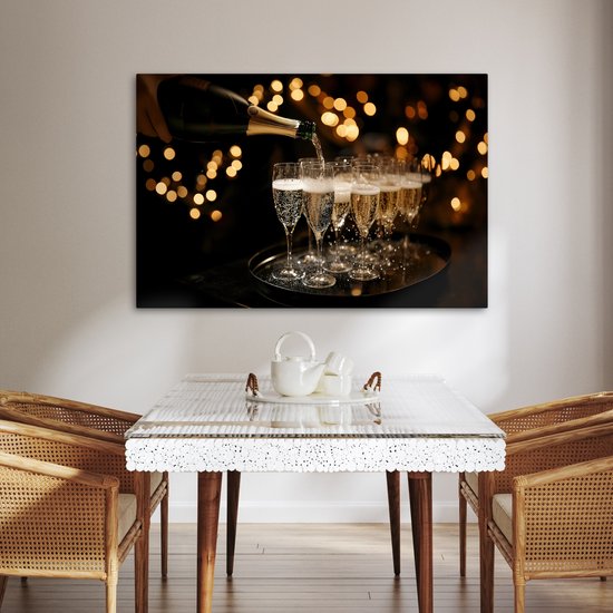 Peinture sur toile 120x80 cm - Décoration murale Lumières - Champagne - Plateau - Verres - Accessoires de Décoration murale - Décoration murale Cuisine - Peintures sur toile