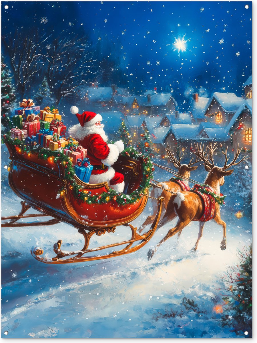 Tuinposter met Kerstman, Rendier, Kerstthema en Sneeuw voor buiten decoratie.
