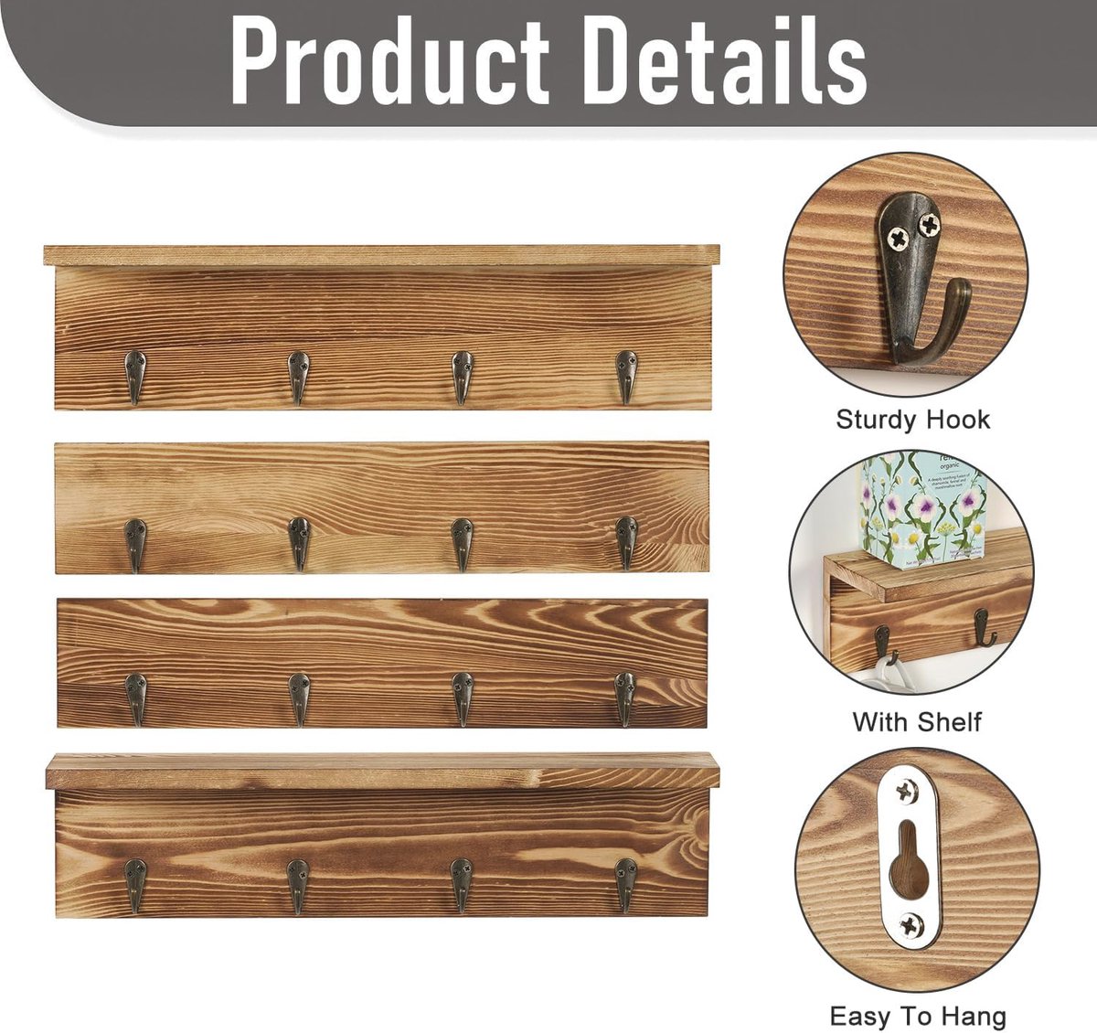 GHWMYD Bekerhouder – Wandrek Met 4 Planken En Haken, Rustiek IJzer/Hout Design