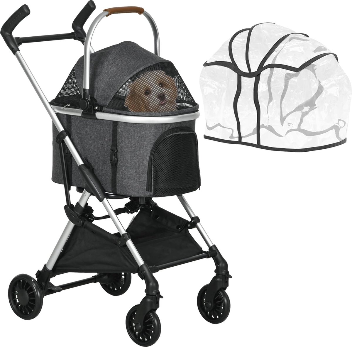 Opvouwbare hondenwagen met verstelbare luifel en regenhoes - Ideaal voor kleine honden