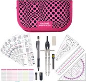Geodriehoeken & Passer Set – Rosa etui met liniaal, gum, sjabloon en formules