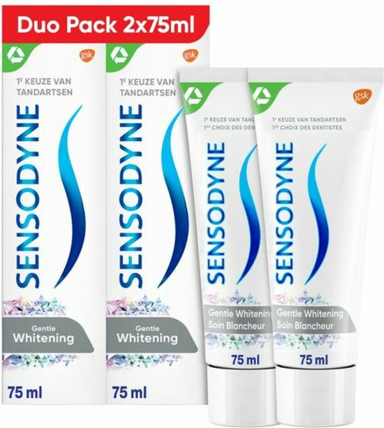 Duo Pack 2x75ml Sensodyne Gentle Whitening tandpasta, wit met blauwe golven.