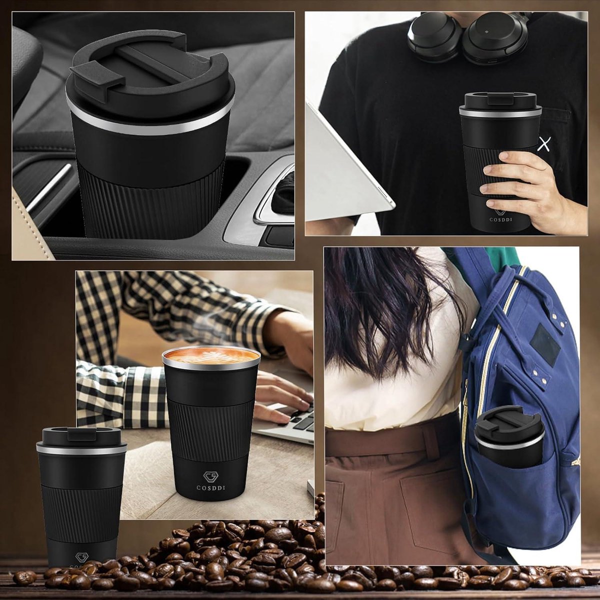 Geïsoleerde thermische reisbeker voor onderweg - herbruikbare koffiebeker voor auto - roestvrijstalen beker voor koffie water thee - 380 ml (zwart-A) — cadeau in Koken & Dineren - foto 3