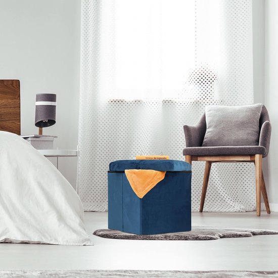 Relaxdays Poef Met Opbergruimte - Opvouwbare Hocker Fluweel Opbergpoef Stof Voetenbank Blauw