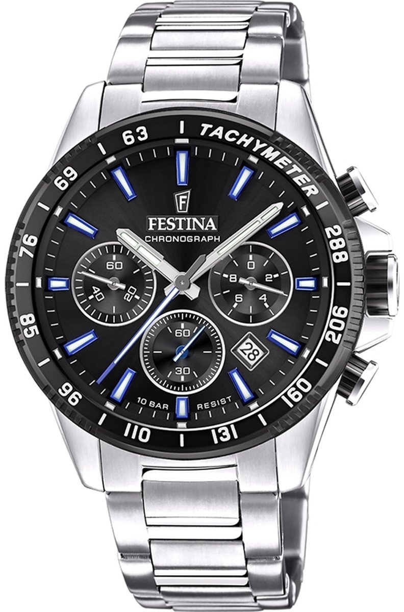 Festina F20560-5 Heren Horloge - Chronograaf - Mineraalglas - Roestvrijstaal-Staal - Zilverkleurig - Ø 45 mm - Quartz - Vouw-Vlindersluiting