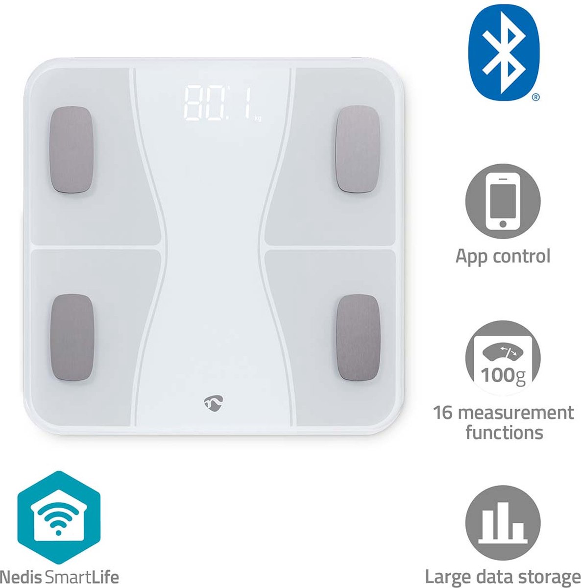 Nedis SmartLife Personenweegschaal - Bluetooth - BMI / BMR / Botten / Gewicht / Spieren / Vet / Water - 12 - Piekbelasting: 180 kg - Android / IOS - ABS / Glas - Wit