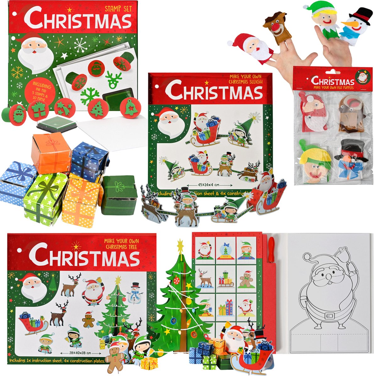 Kerst Knutselpakket - Kerst Knutselen met Kinderen - Knutselen Kerst Kinderen en Volwassenen - Maak Je Eigen Kerstboom, Vingerpopjes Kerst, Kerstslee, Prikblok Kerst, Stempelset Kerst - Vanaf 3 Jaar