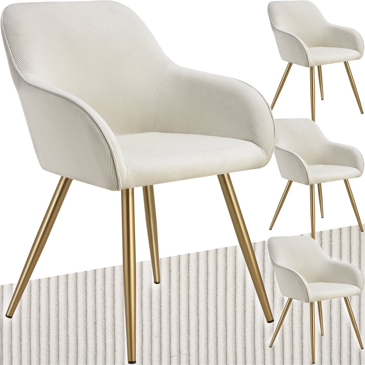 Tectake Eetkamerstoelen Marilyn - Set van 4 - Gestoffeerde Stoelen met Koordlook/ribstof - Gouden Stoelpoten - Ergonomische Keukenstoel - Stoel voor Eetkamer, Woonkamer, Slaapkamer - Creme creme goud