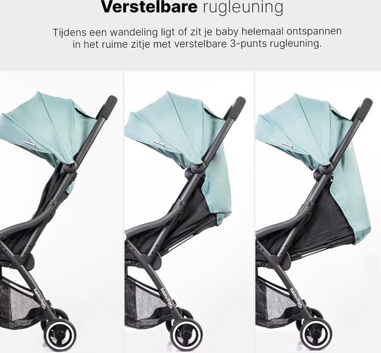 Close-up van de verstelbare rugleuning van een lichtgroene buggy in drie verschillende posities.