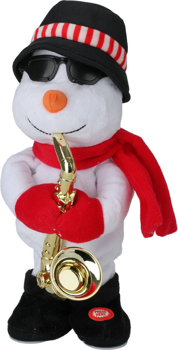 Tender toys Sneeuwpop pop - met saxofoon - dansend met muziek - 35 cm- kerstfiguur