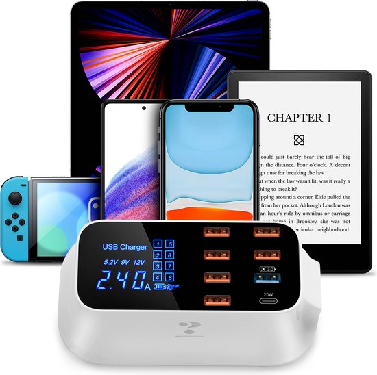 Wit USB oplaadstation met 8 poorten, laadt een Nintendo Switch, tablet, smartphone, e-reader en laptop op.