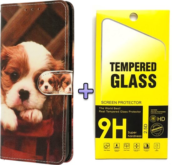 Portemonnee telefoonhoesje met puppyprint en bijpassend gehard glazen screenprotector.