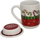 Mug de Noël avec couvercle et cannes de bonbon - 400 ml - 9x13,5 cm