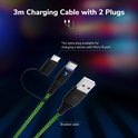 3 meter gevlochten oplaadkabel met USB-A, USB-C en Micro-B pluggen.