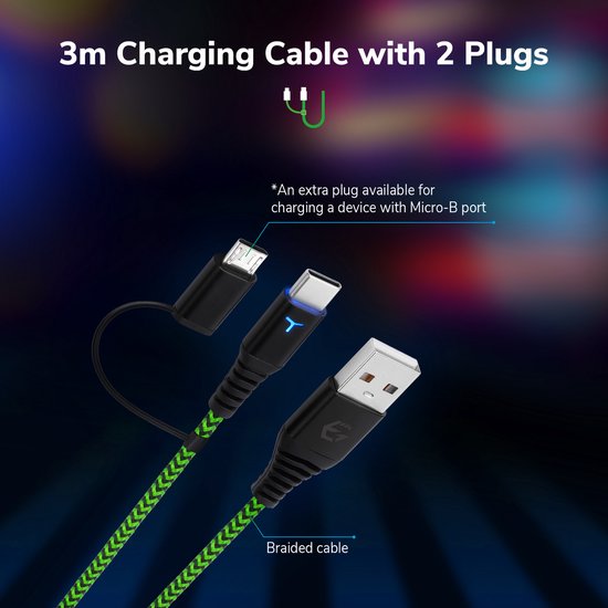 3 meter gevlochten oplaadkabel met USB-A, USB-C en Micro-B pluggen.