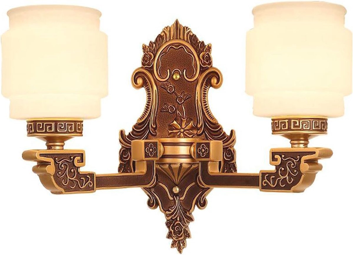 Industrieel Wandlamp voor Badkamer, Keuken en Woonkamer - Mat Glas Schaduw met Goud en Bruin Accenten, 2-lichte Wandlamp 35x36cm