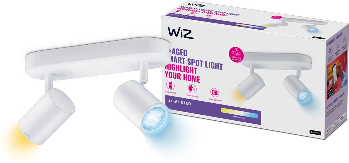 WiZ Plafondlamp Imageo - Opbouwspot - 2 spots - Warm- tot Koelwit Licht - Slimme LED Verlichting - GU10 fitting - 2x 5W - Wit - Wi-Fi