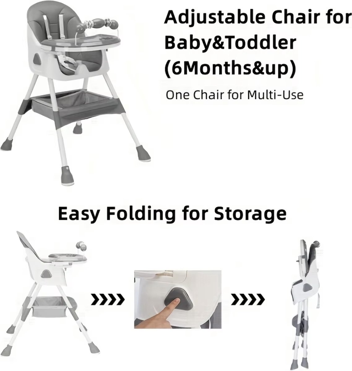 Kinderstoel - Babystoel - Baby stoel - Baby eetstoel - babystoel voor aan tafel - Opvouwbaar - Verstelbaar - Met speelboog - Grijs – foto 6