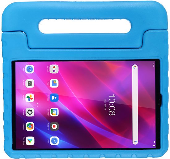 Coque de tablette bleue avec poignée et support intégré. Tablette avec fond rose-violet.