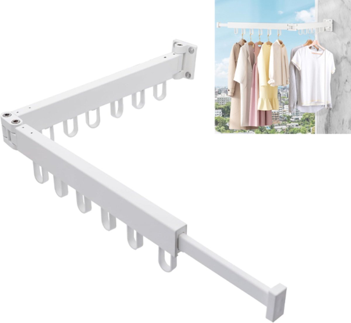 Goedkoopste Inklapbaar Wanddroogrek - Uitklapbaar Kledingrek Wand - Uitklapbare Kledingroede Muur - 2-Voudig Wasrek - Ruimtebesparend - Opvouwbaar - Voor Wasgoed, Balkon, Badkamer, Terras, Slaapzaal, Appartement - Wit - 1 stuk