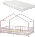 Roze kinderhuisbedframe met witte spijlen en houten lattenbodem, met een witte matras.