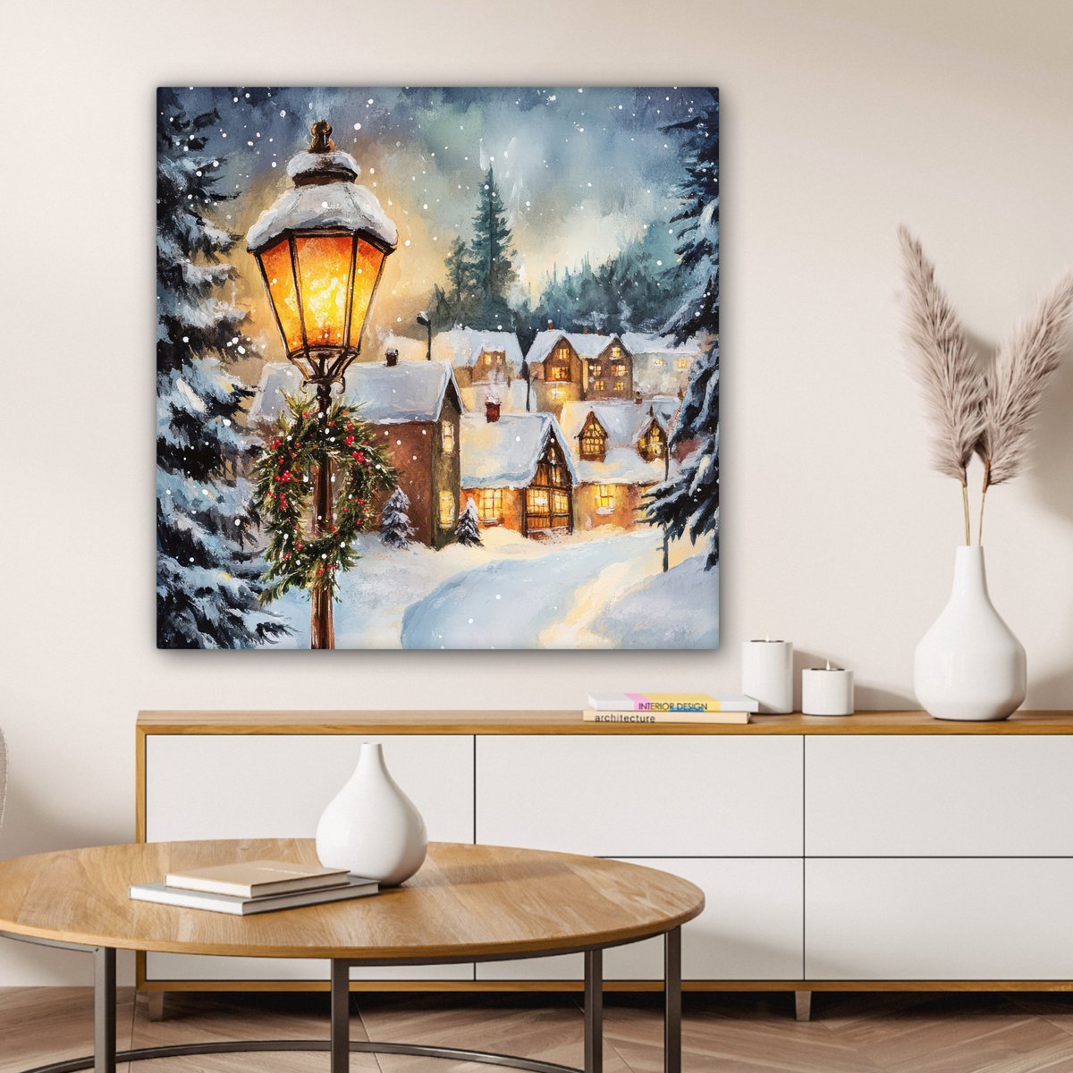 Canvas schilderij 90x90 cm - Wanddecoratie Kerstdorp - Huizen - Sneeuw - Kerst - Muurdecoratie woonkamer - Slaapkamer decoratie - Kamer accessoires - Schilderijen op canvas - Kerstdecoratie voor binnen - Kerstversiering - Kerstmis versiering – foto 2