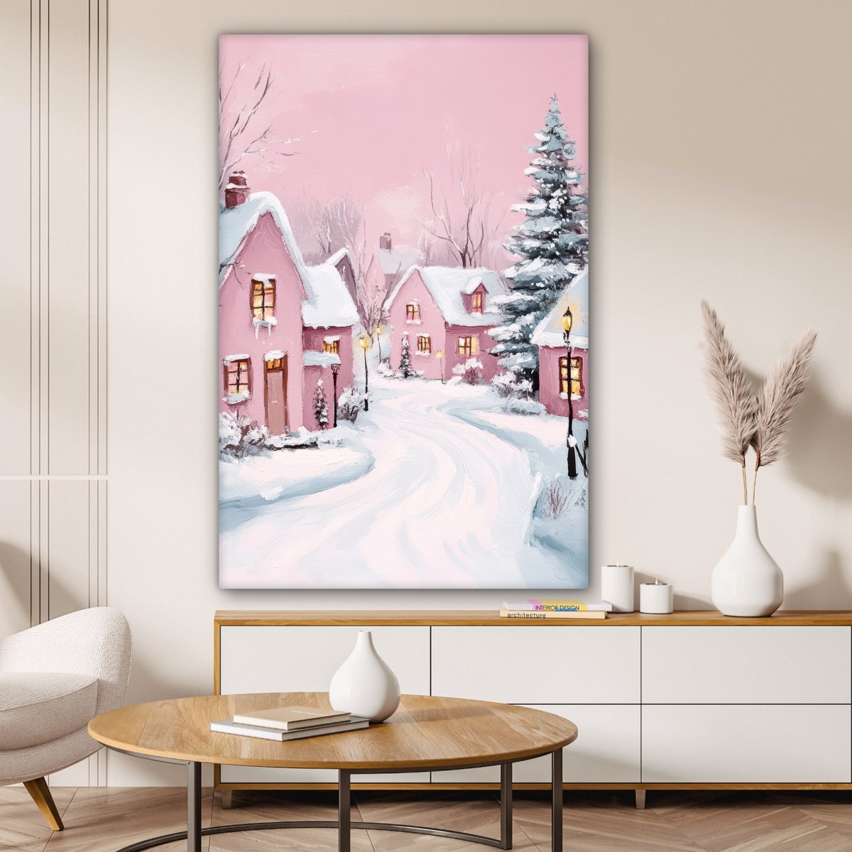 Canvas schilderij 90x140 cm - Wanddecoratie Kerstdorp - Roze - Winter - Sneeuw - Huizen - Muurdecoratie woonkamer - Slaapkamer decoratie - Kamer accessoires - Schilderijen op canvas - Kerstdecoratie voor binnen - Kerstversiering - Kerstmis versiering – foto 2